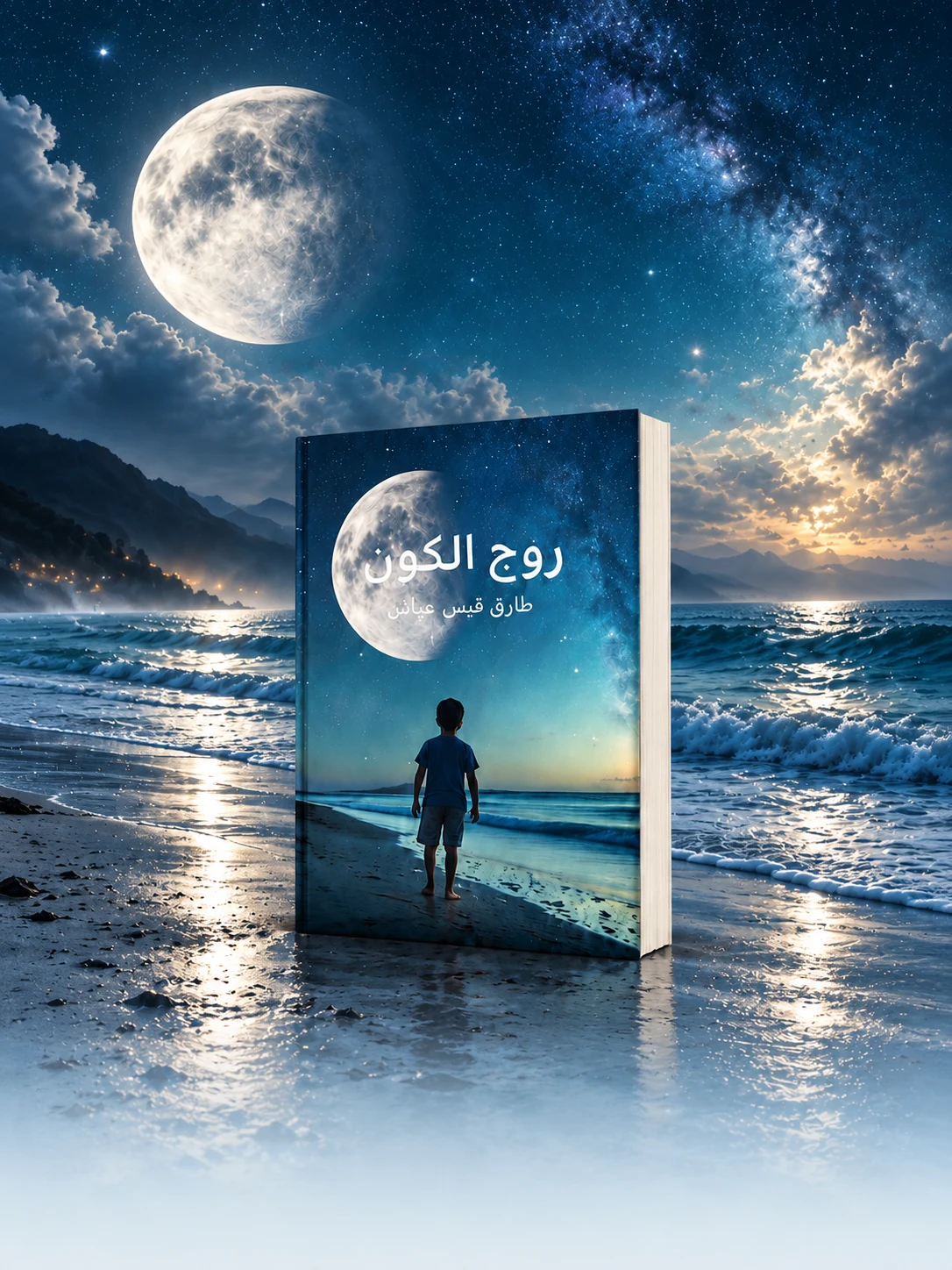 تصميم توضيحي لكتاب روح الكون ضمن مشهد بحر مضاء بالقمر